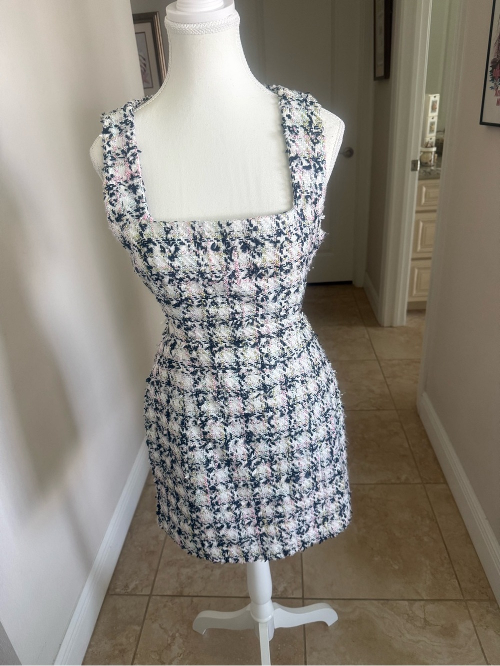 New Boutique Textured Tweed Square-Neck Dress in Multi-Color